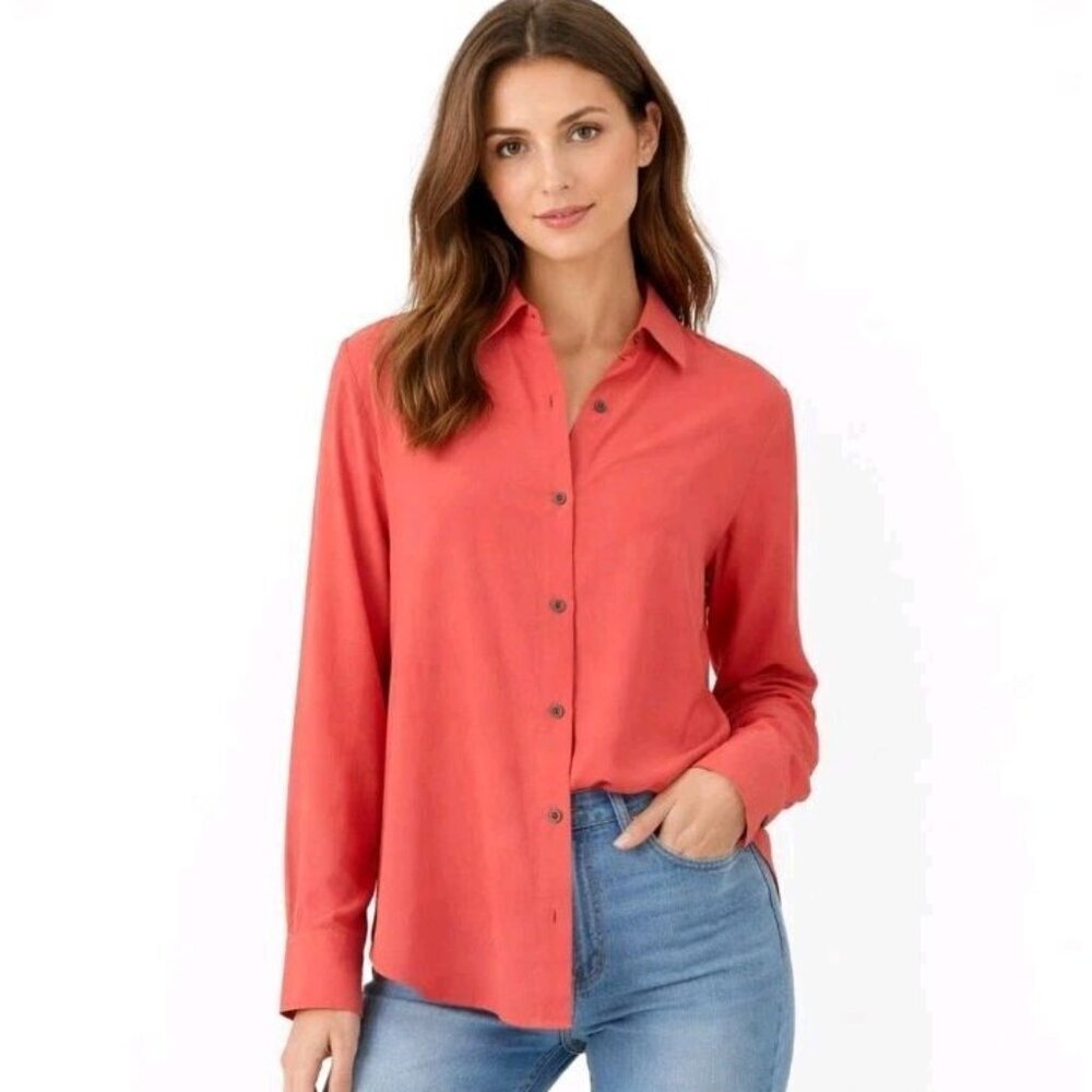 Silx 100% Silk Long Sleeve Button Up Blouse Coral Orange M Business Casual